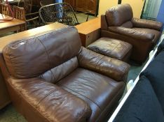 Pair of brown leather armchairs and footstool