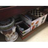 Three boxes of assorted, an elephant seat etc.