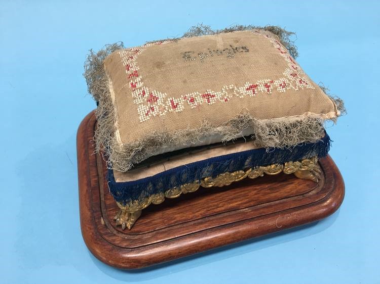 A small Victorian glass dome containing a Victorian beadwork cushion, supported on a gilt carved - Image 3 of 5