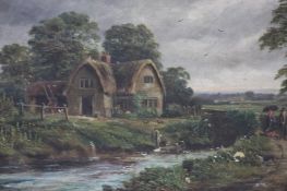 Early 20th century British School, oil on canvas, indistinctly signed, 'A couple crossing a bridge',