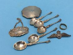 Various silver spoons, a powder compact etc.