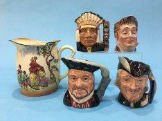 A Royal Doulton Series ware water jug 'The Gleaners' and four Character jugs