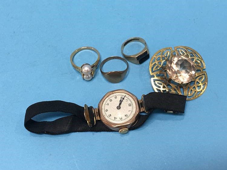 Two 9ct gold rings, a gold mounted brooch, 9ct gold Ladies watch etc.