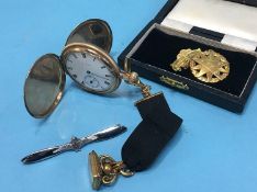 A plated pocket watch and fob together with a part 9ct brooch, 8 grams and an RAF Sweetheart brooch