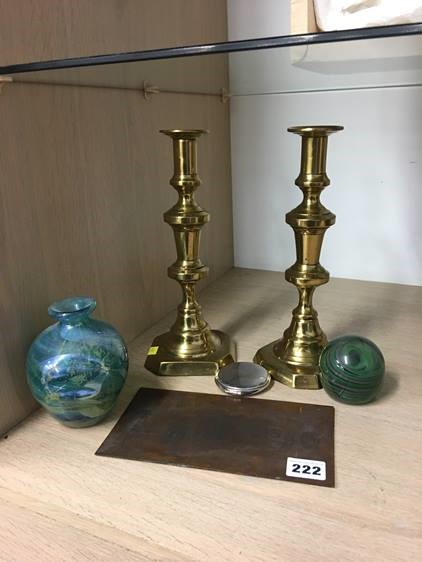 Pair of candlesticks, copper plate etc.