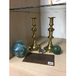 Pair of candlesticks, copper plate etc.