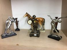 Pair of candlesticks, various figures and a clock