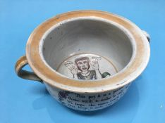 A Sunderland orange lustre two handled 'Frog' chamber pot 'Keep me clean and use me well and what