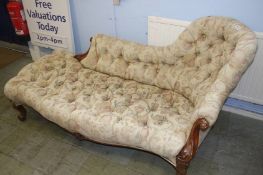 A Victorian button back and seat chaise longue, supported on cabriole legs