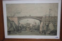 Engraving, view of Sunderland cast iron bridge, 29cm x 45cm