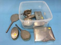 A silver cigarette box, Quaiche, assorted brushes etc.