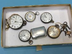 Various silver pocket watches and a silver Vesta