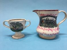 A Victorian Sunderland purple lustre jug 'The Agamemnon in a Storm' and a two handled cup