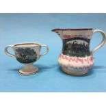 A Victorian Sunderland purple lustre jug 'The Agamemnon in a Storm' and a two handled cup