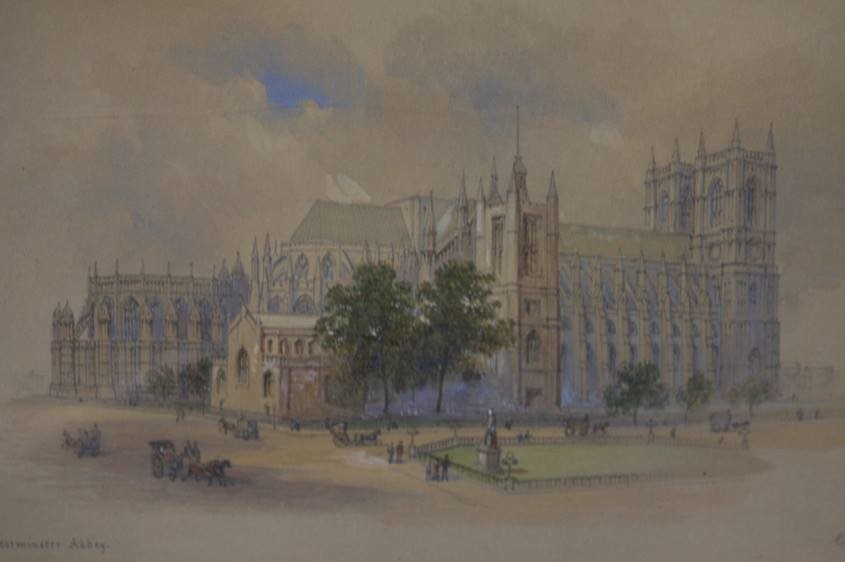E. Dolby, watercolour and pencil, signed, dated 1879, 'Durham Cathedral' and 'Westminster Abbey'
