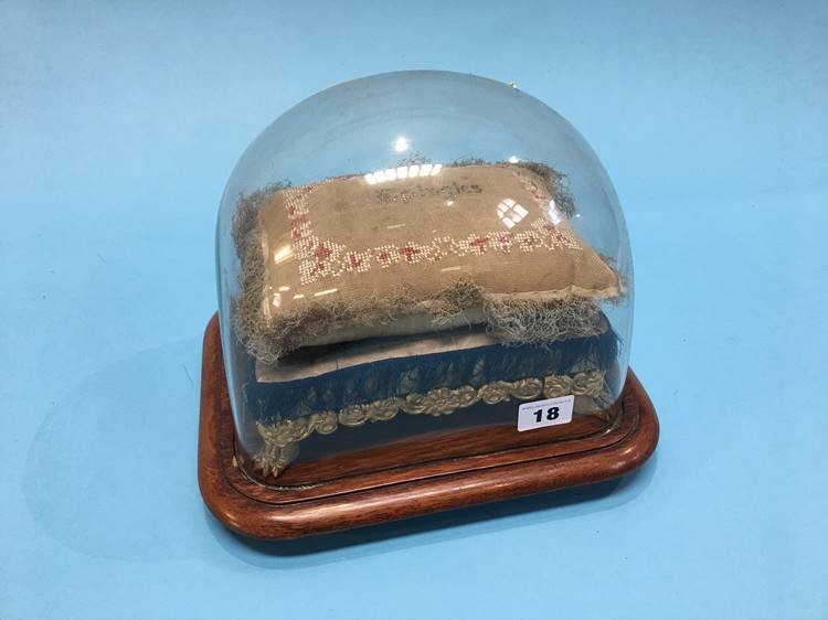 A small Victorian glass dome containing a Victorian beadwork cushion, supported on a gilt carved - Image 2 of 5