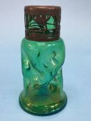 A Continental Art Nouveau shaped green glass vase with a plated mount and stylised flowers. 15cm