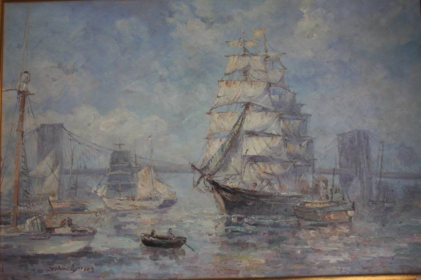 John Clymer (1907-1989), oil on canvas, signed, 'Sailing vessels in San Francisco Bay', 50cm x 76cm