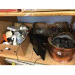 Two boxes of assorted, coal scuttle and a radio