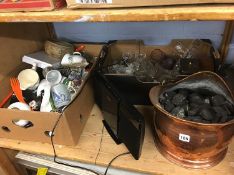 Two boxes of assorted, coal scuttle and a radio