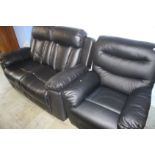 A black two seater recliner settee, matching armchair and a foot stool