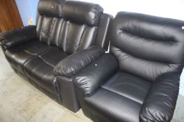 A black two seater recliner settee, matching armchair and a foot stool