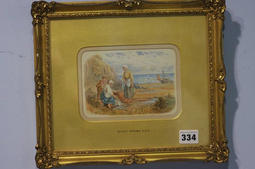 Manner of Miles Birkett Foster, pair of watercolours, 'Fisher Folk bringing home the Catch', 10cm - Image 4 of 5