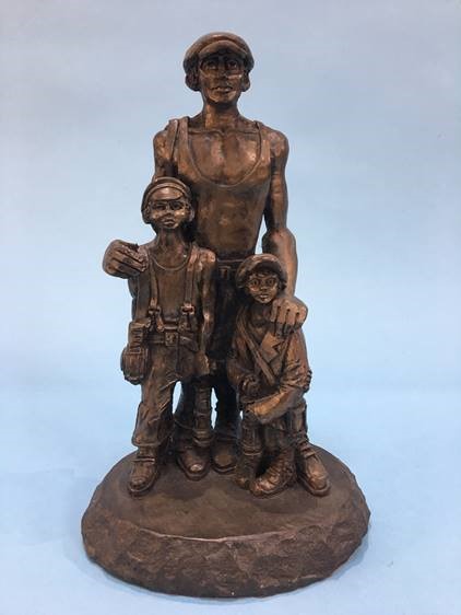 A Robert (Bob) Olley bronze coloured sculptured mining figure group. - Image 2 of 2