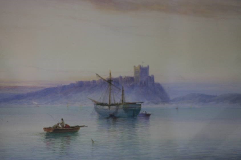 William Baker, watercolour, signed, 'Sailing vessel off Bamburgh Castle'