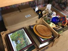 Three trays including china, prints etc.