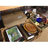 Three trays including china, prints etc.