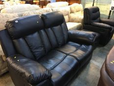 Black leather two seater settee, single armchair and stool (recliner)
