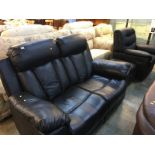 Black leather two seater settee, single armchair and stool (recliner)