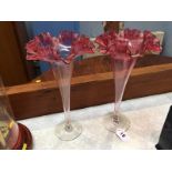 Pair of cranberry glass spill vases