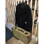A wool Peacoat, suitcase, Seaman's papers etc.