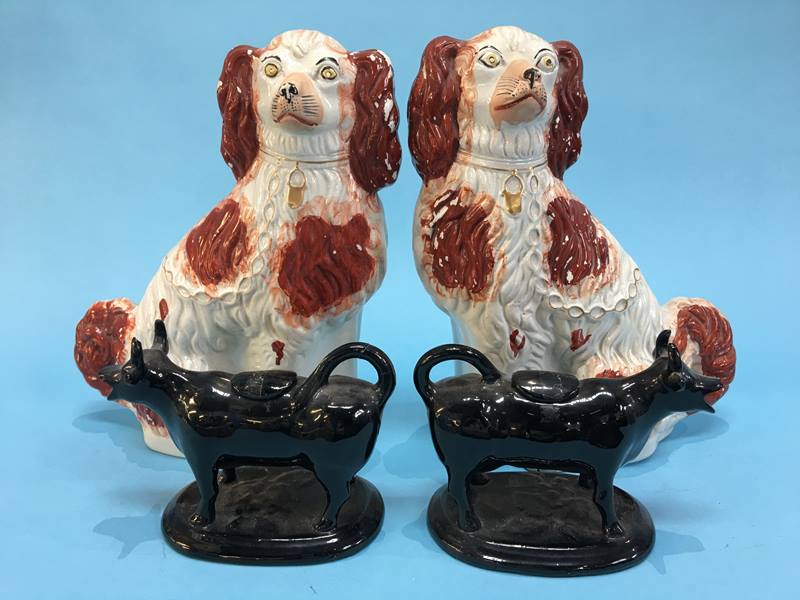 A pair of Staffordshire Spaniels and a pair of cow creamers - Image 3 of 4