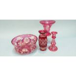 Four pieces of ruby flushed glassware
