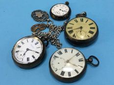 Three silver pocket watches and a silver Albert, together with an Ingersoll pocket watch