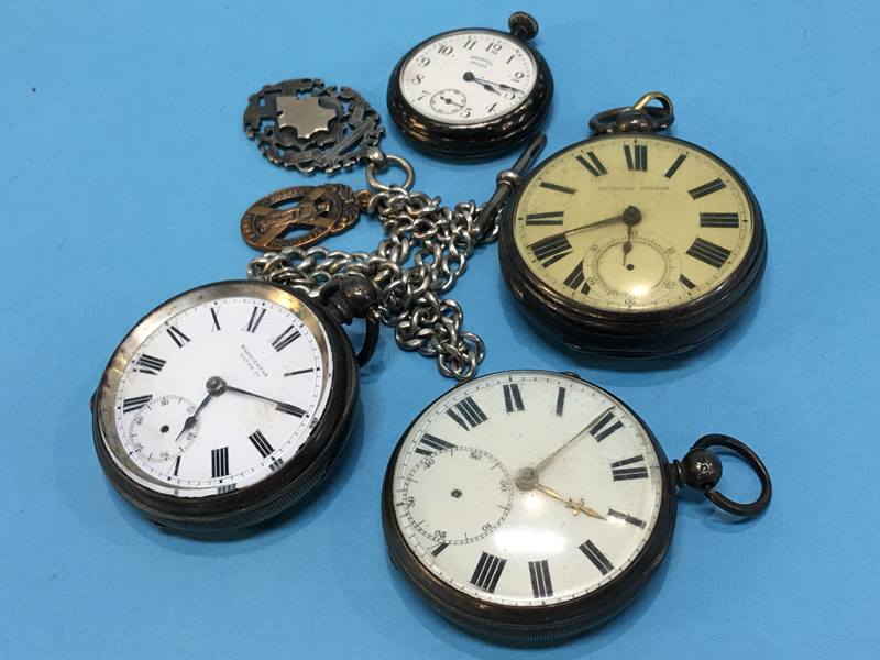 Three silver pocket watches and a silver Albert, together with an Ingersoll pocket watch - Image 2 of 3