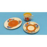 A Wilkinson Clarice Cliff Bizarre 'Crocus' pattern trio