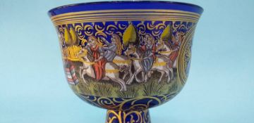 A Murano pedestal glass bowl, in the manner of 'Barovier', a Bridal cup on a dark blue ground,