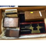 Collection of coloured slides, chemists weights etc.