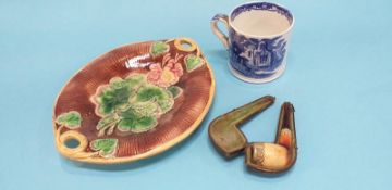 A George Jones and Sons tankard, a pipe and a majolica dish