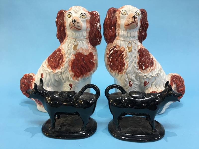 A pair of Staffordshire Spaniels and a pair of cow creamers - Image 2 of 4
