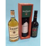 A bottle of Grahams Port 2001, a bottle of Teachers whisky and a bottle of QC