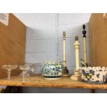 Table lamps, glass ware and two planters
