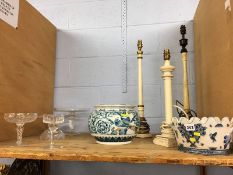 Table lamps, glass ware and two planters