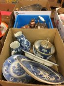 Three boxes of assorted blue and white china, silver plate etc.