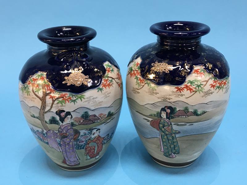 A pair of decorative Satsuma ware vases, 18cm height - Image 2 of 3