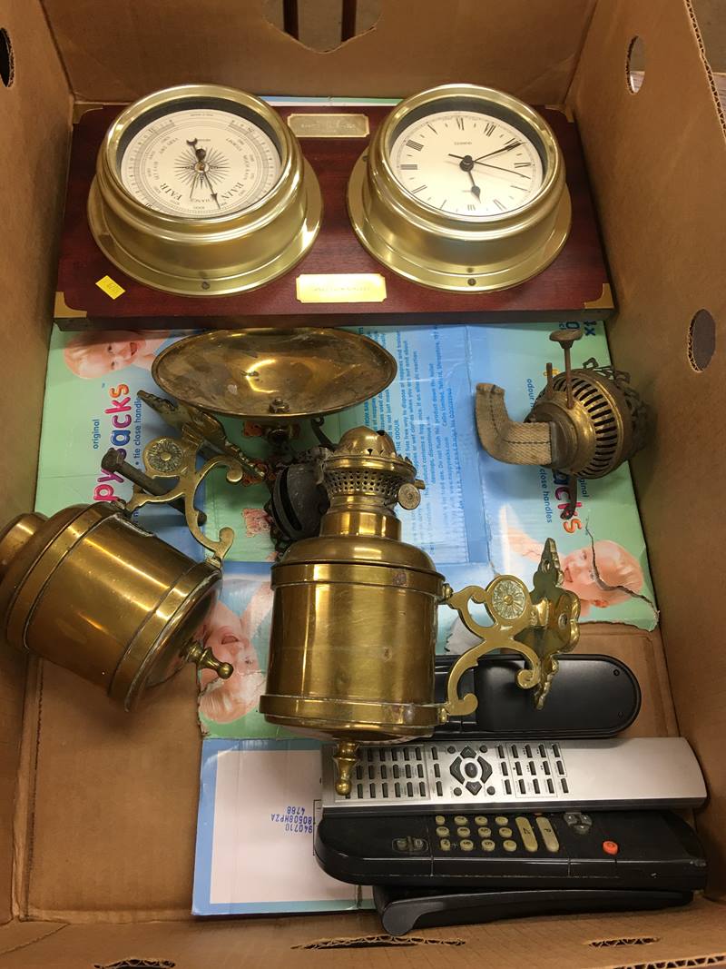 Two oil lamps, a Bulkhead clock and barometer